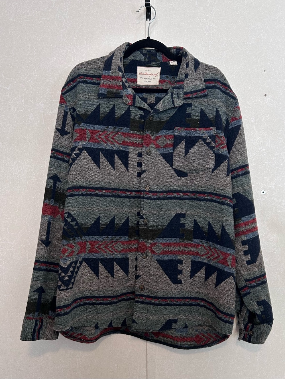 Men's | Grey Aztec Button-Up Cardigan with Navy & Red Accents | Size XL